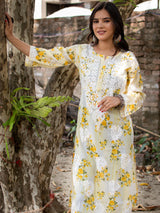 Readymade Chikankari Floral Print Mulmul Kurti-Yellow