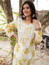 Readymade Chikankari Floral Print Mulmul Kurti-Yellow