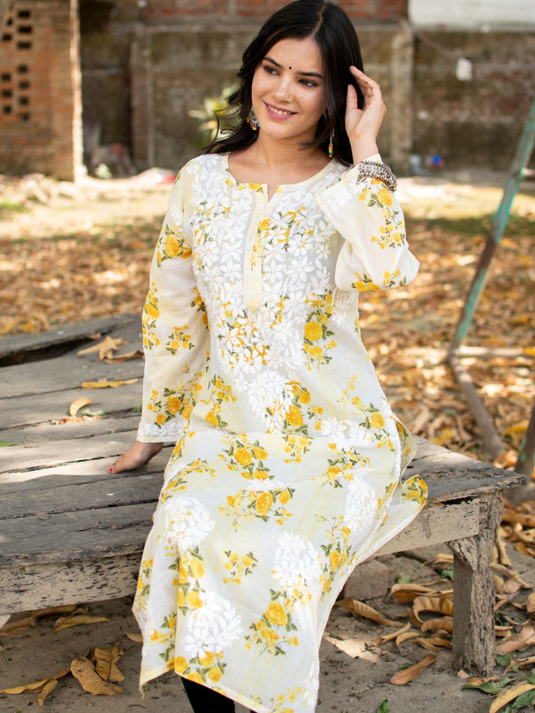 Readymade Chikankari Floral Print Mulmul Kurti-Yellow