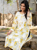 Readymade Chikankari Floral Print Mulmul Kurti-Yellow