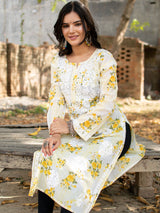 Readymade Chikankari Floral Print Mulmul Kurti-Yellow