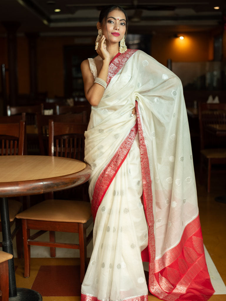 Banarasi Semi Silk Saree With Silver Zari Buti Weaving-White & Red