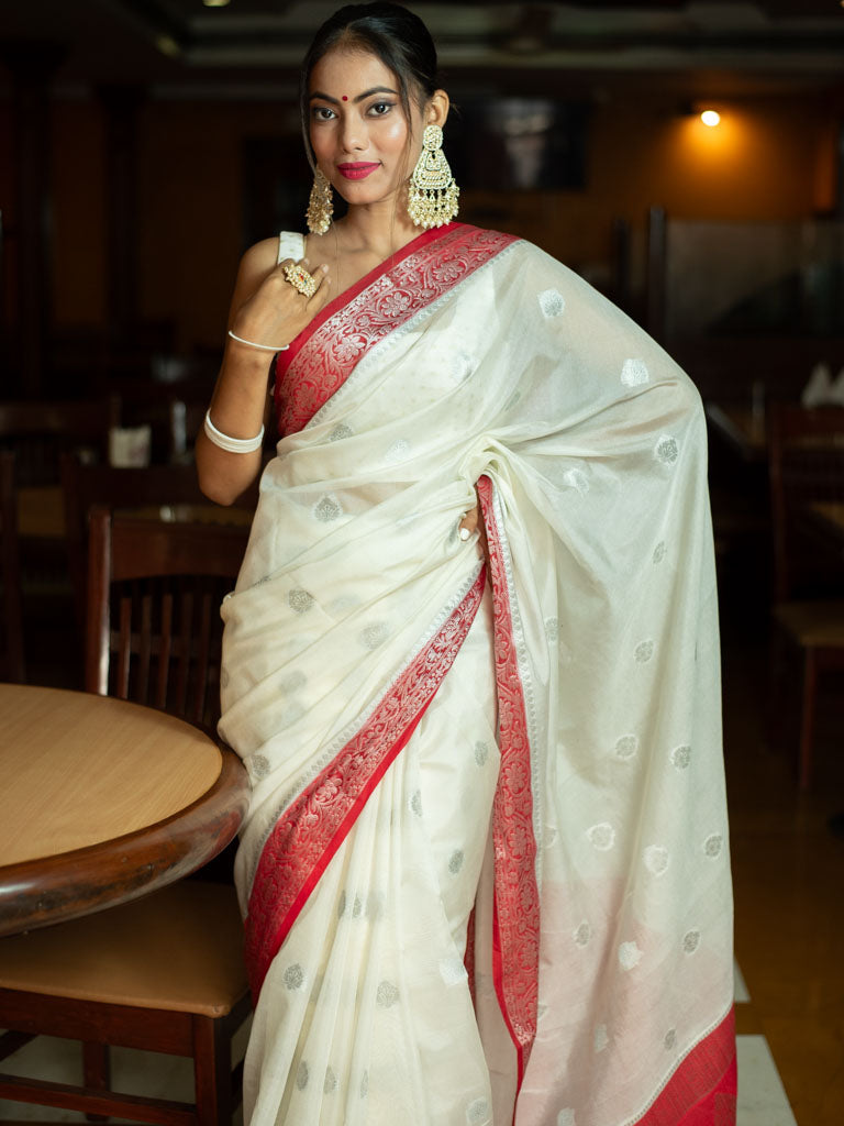 Banarasi Semi Silk Saree With Silver Zari Buti Weaving-White & Red