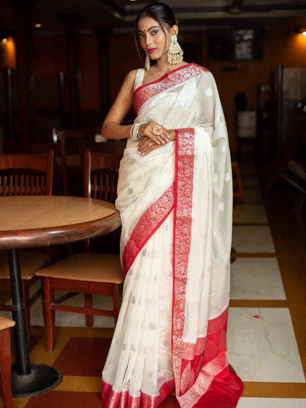 Banarasi Semi Silk Saree With Silver Zari Buti Weaving-White & Red