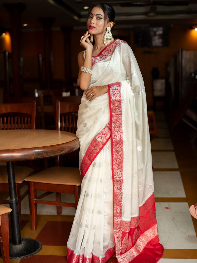 Banarasi Semi Silk Saree With Silver Zari Buti Weaving-White & Red