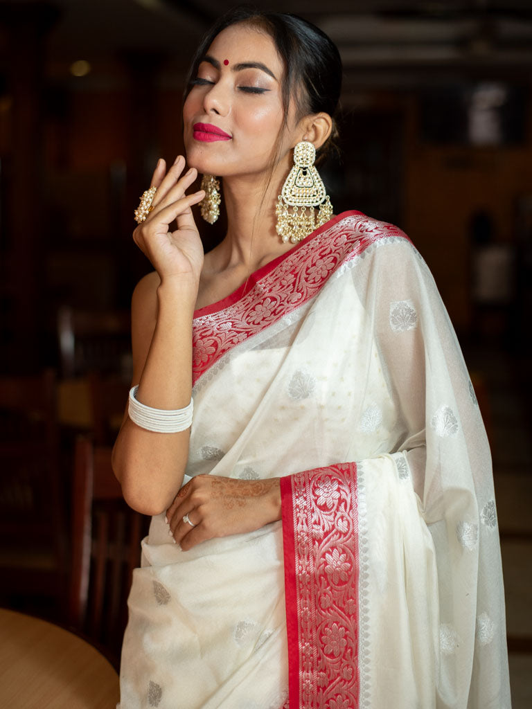 Banarasi Semi Silk Saree With Silver Zari Buti Weaving-White & Red