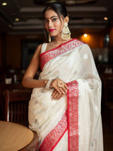 Banarasi Semi Silk Saree With Silver Zari Buti Weaving-White & Red