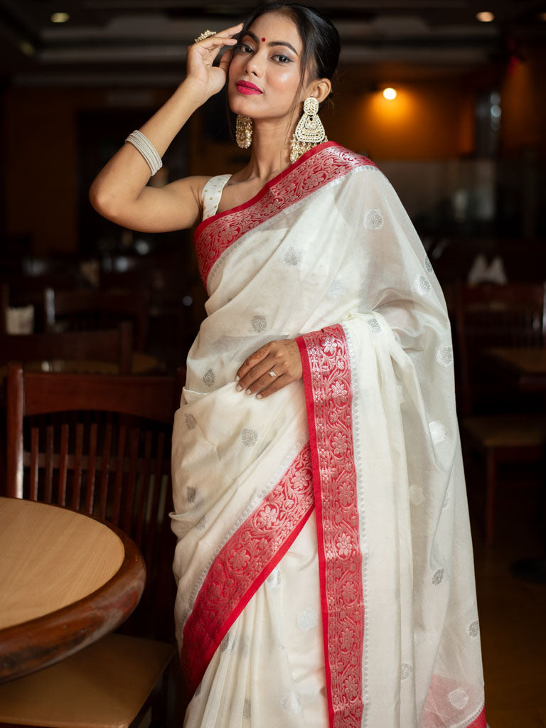 Banarasi Semi Silk Saree With Silver Zari Buti Weaving-White & Red