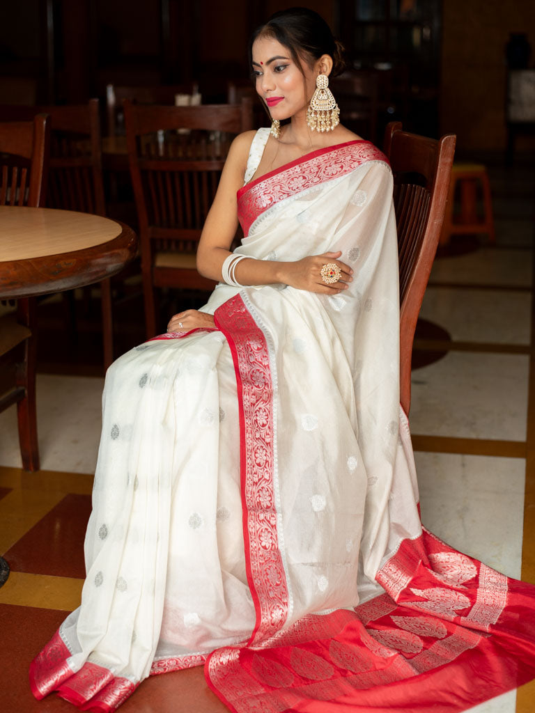 Banarasi Semi Silk Saree With Silver Zari Buti Weaving-White & Red