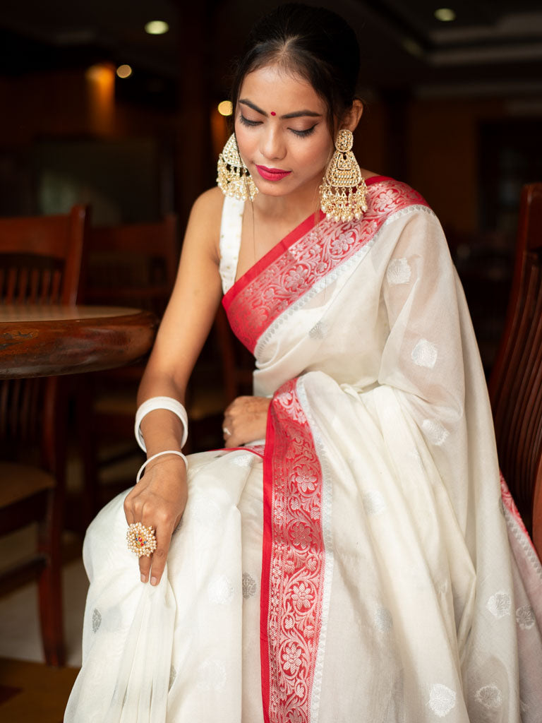 Banarasi Semi Silk Saree With Silver Zari Buti Weaving-White & Red