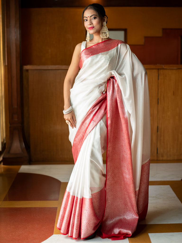 Banarasi Plain Semi Silk Saree with Contrast Skirt Border-White