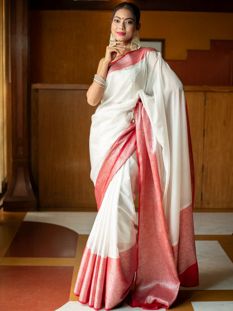 Banarasi Plain Semi Silk Saree with Contrast Skirt Border-White