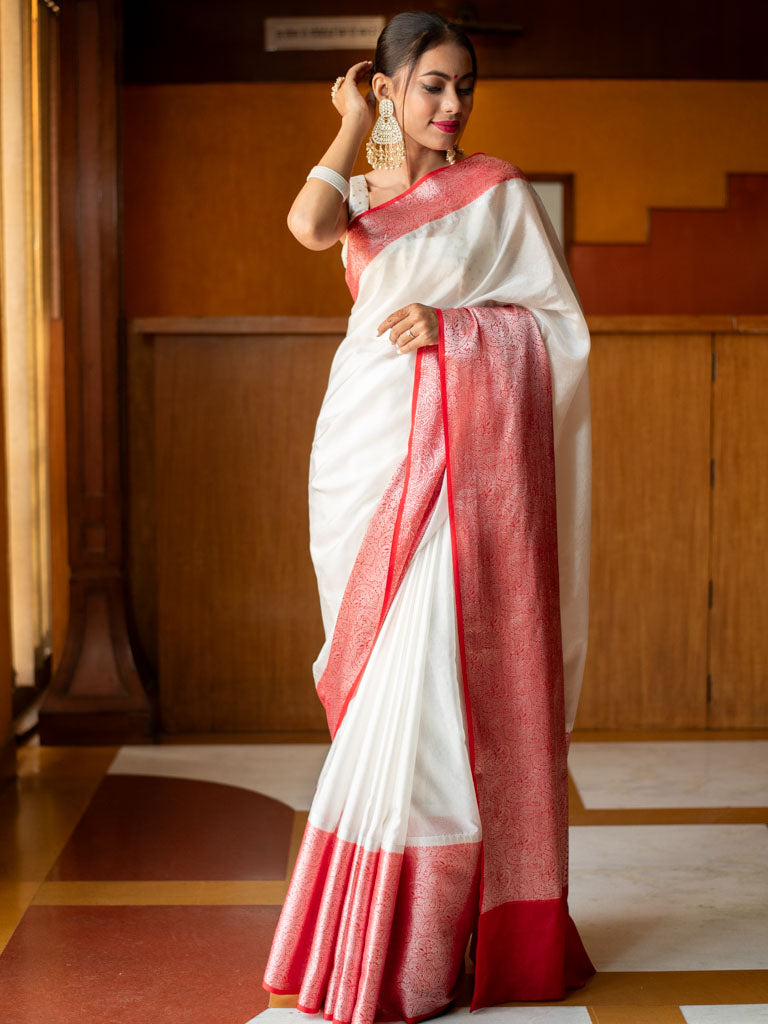 Banarasi Plain Semi Silk Saree with Contrast Skirt Border-White