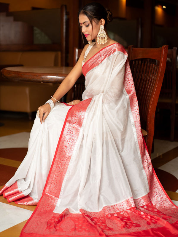 Banarasi Plain Semi Silk Saree With Contrast Border-White