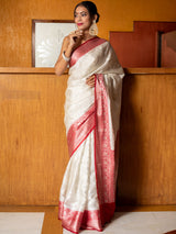 Banarasi Cotton Silk Saree with Jaal Weaving& Contrast Border-Off White & Red
