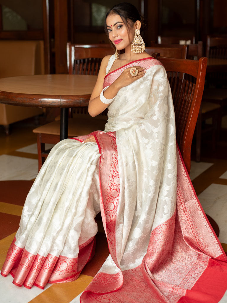 Banarasi Cotton Silk Saree with Jaal Weaving& Contrast Border-Off White & Red