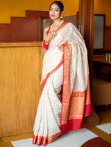 Banarasi Semi Georgette Saree With Zari Buti Weaving & Border-White & Red