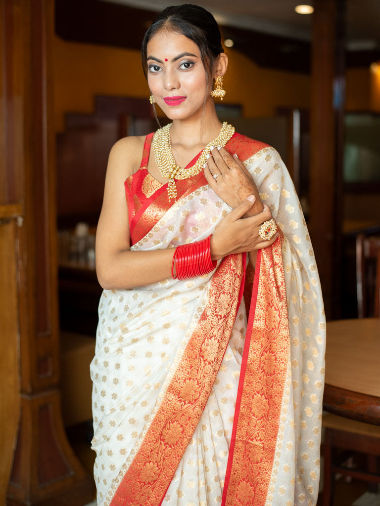 Banarasi Semi Georgette Saree With Zari Buti Weaving & Border-White & Red