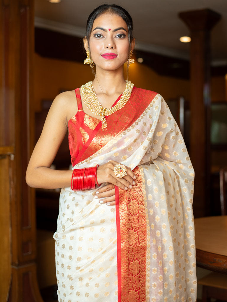 Banarasi Semi Georgette Saree With Zari Buti Weaving & Border-White & Red