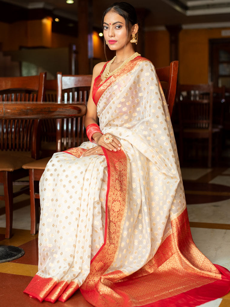 Banarasi Semi Georgette Saree With Zari Buti Weaving & Border-White & Red