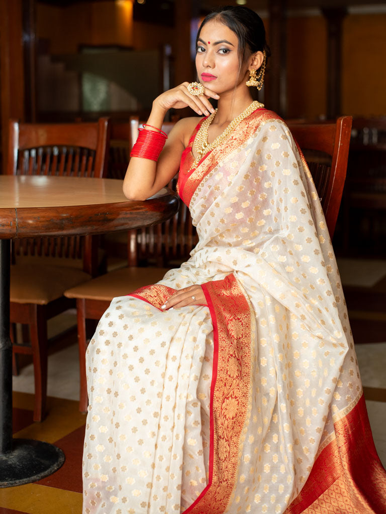 Banarasi Semi Georgette Saree With Zari Buti Weaving & Border-White & Red