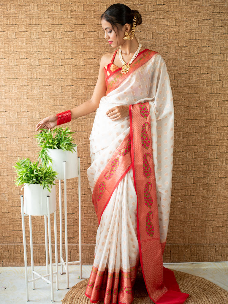 Banarasi Semi Georgette Saree With Zari Buti Weaving & Meenakari Border-White & Red