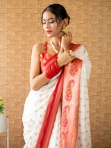 Banarasi Semi Georgette Saree With Zari Buti Weaving & Meenakari Border-White & Red