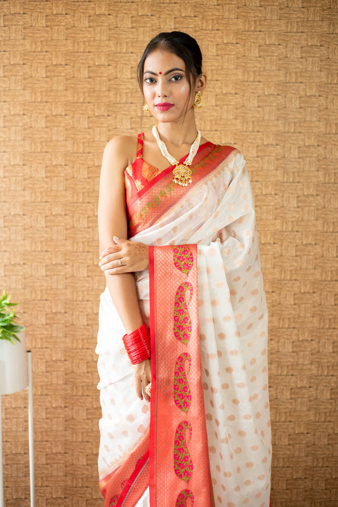 Banarasi Semi Georgette Saree With Zari Buti Weaving & Meenakari Border-White & Red