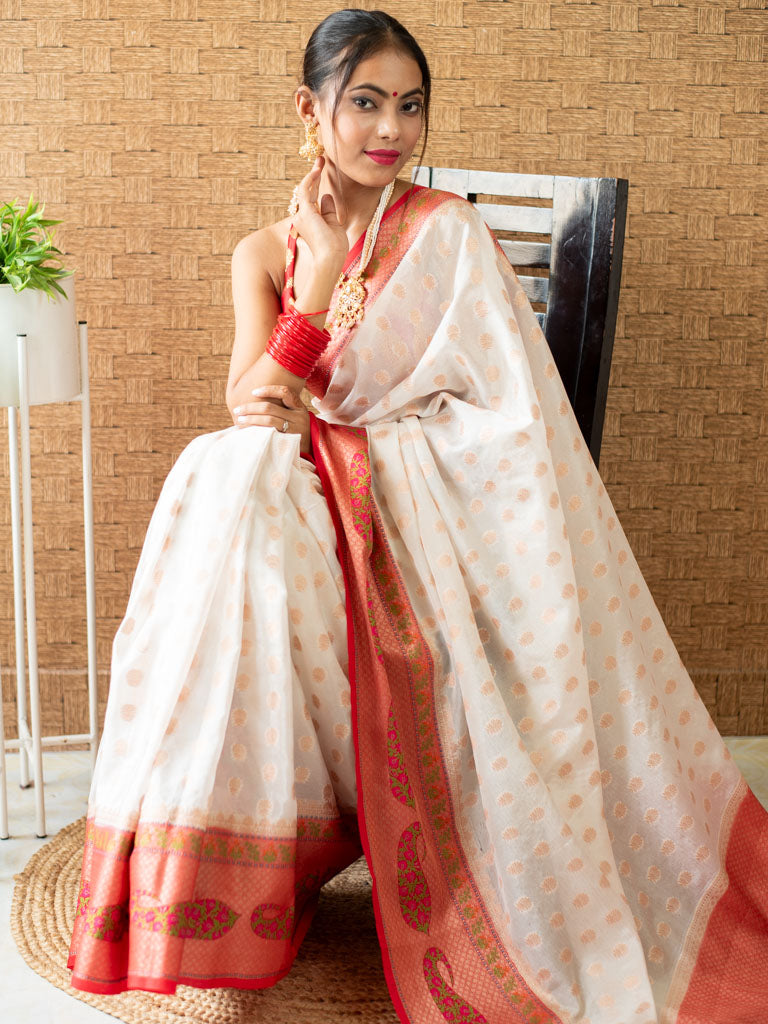 Banarasi Semi Georgette Saree With Zari Buti Weaving & Meenakari Border-White & Red