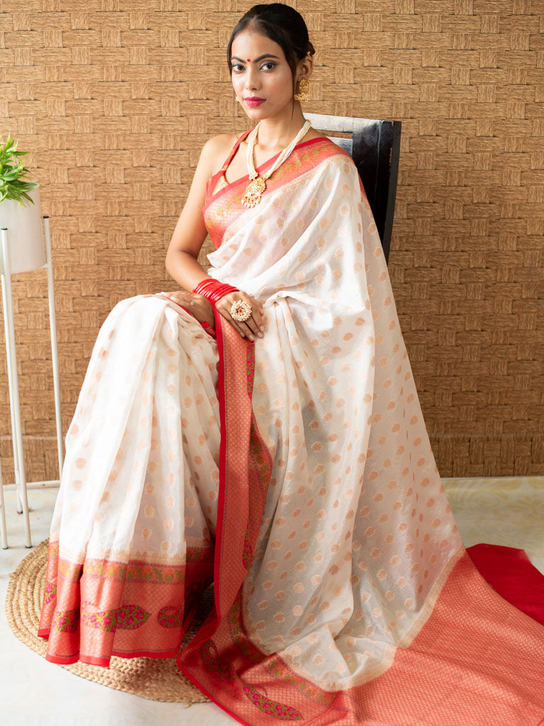 Banarasi Semi Georgette Saree With Zari Buti Weaving & Meenakari Border-White & Red