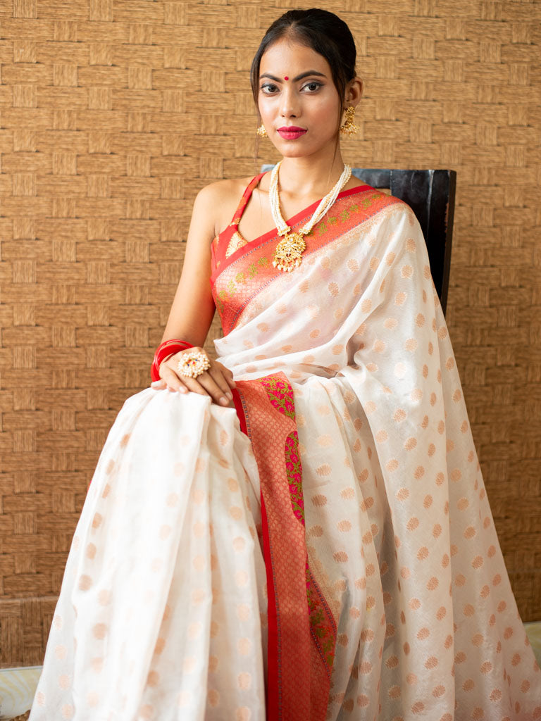 Banarasi Semi Georgette Saree With Zari Buti Weaving & Meenakari Border-White & Red