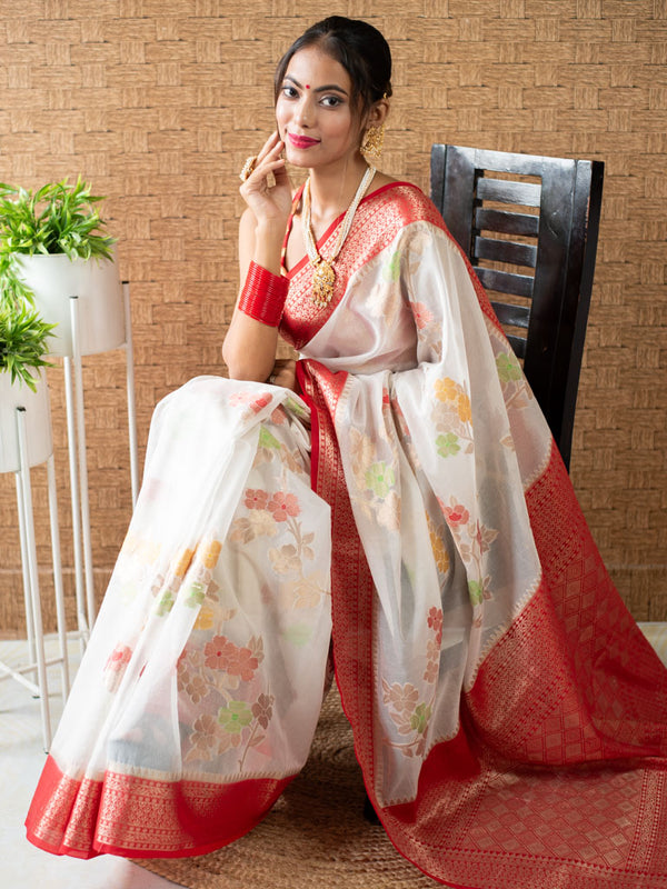 Banarasi Cotton Silk Saree with Meena Floral Weaving& Contrast Border-Off White & Red