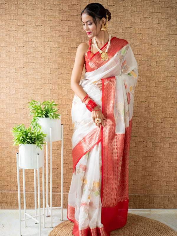 Banarasi Cotton Silk Saree with Meena Floral Weaving& Contrast Border-Off White & Red