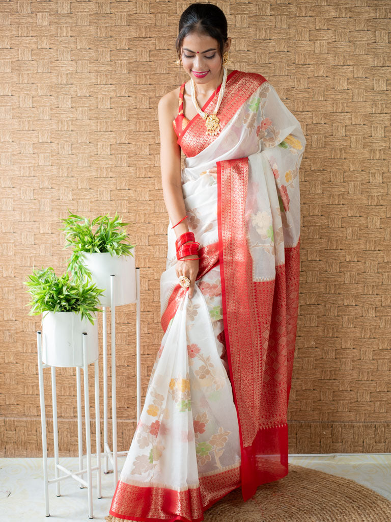 Banarasi Cotton Silk Saree with Meena Floral Weaving& Contrast Border-Off White & Red