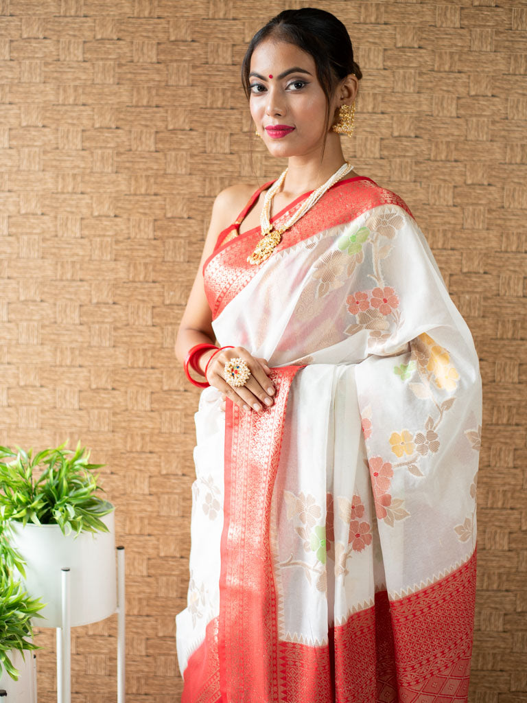 Banarasi Cotton Silk Saree with Meena Floral Weaving& Contrast Border-Off White & Red