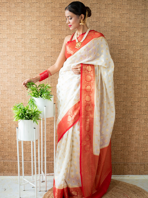 Banarasi Cotton Silk Saree with Mini Buti Weaving& Contrast Border-Off White & Red