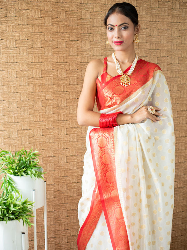 Banarasi Cotton Silk Saree with Mini Buti Weaving& Contrast Border-Off White & Red