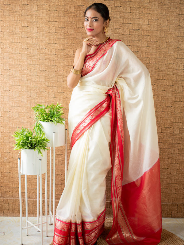 Banarasi Plain Cotton Silk Saree with Satin Contrast Border-White & Red