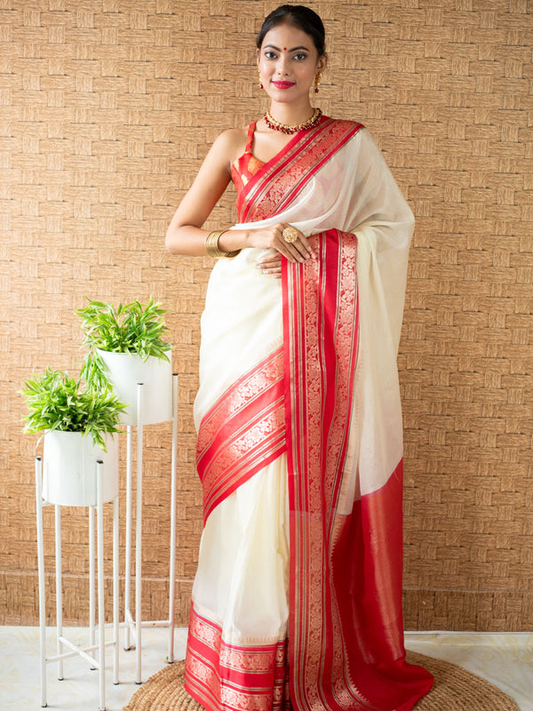 Banarasi Plain Cotton Silk Saree with Satin Contrast Border-White & Red