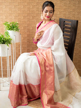 Banarasi Cotton Silk Saree Plain Body With Antique Zari Skirt Border -White