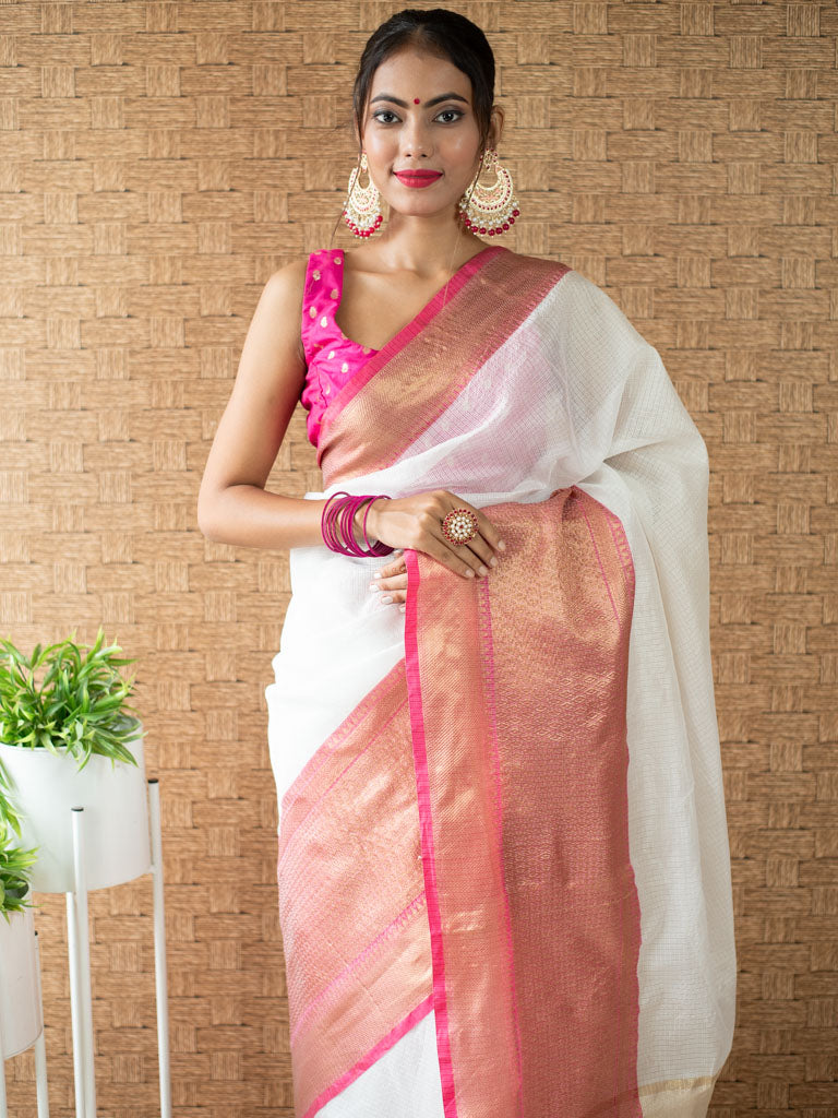 Banarasi Cotton Silk Saree Plain Body With Antique Zari Skirt Border -White