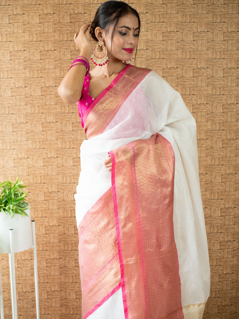 Banarasi Cotton Silk Saree Plain Body With Antique Zari Skirt Border -White