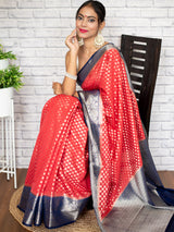 Banarasi Kora Saree With Zari Buti Weaving & Contrast Border-Red