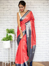 Banarasi Kora Saree With Zari Buti Weaving & Contrast Border-Red
