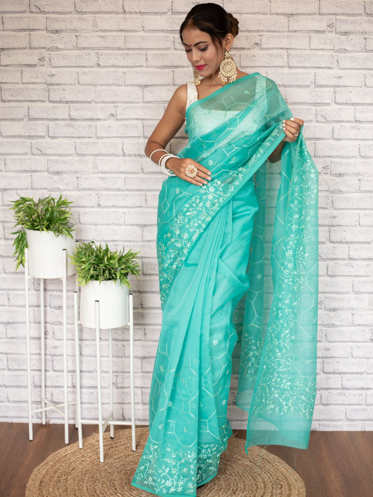 Banarasi Soft Net Saree With Self Resham Weaving Design-Aqua Blue