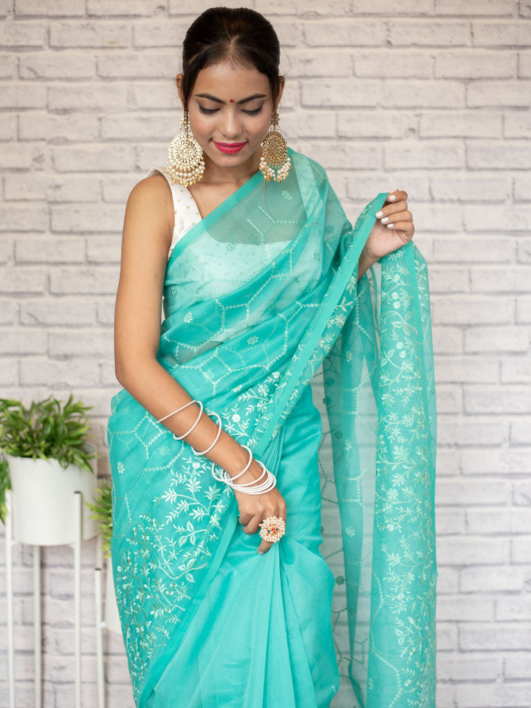 Banarasi Soft Net Saree With Self Resham Weaving Design-Aqua Blue