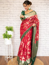Banarasi Kora Saree With Zari Jaal Weaving & Contrast Border-Red
