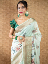 Floral Printed Linen Cotton Saree With Zari Border-Green