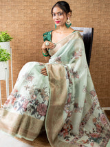 Floral Printed Linen Cotton Saree With Zari Border-Green