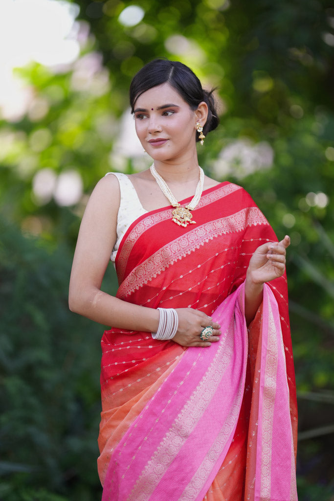 Banarasi Multi Shaded Cotton Silk Saree with Buti Weaving-Pink & Red